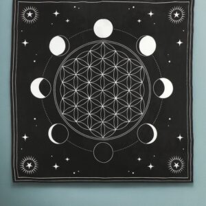 Large Moon Phase Altar Cloth – Flower of Life Design | 70x70cm